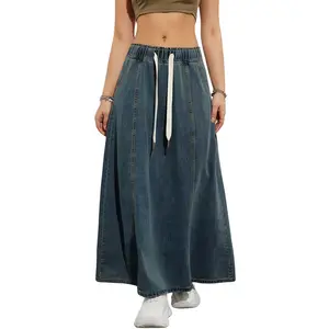 Chouyatou Women's Casual Long Flared Denim Skirt Elastic High Waist A-Line Denim Skirt with Pockets