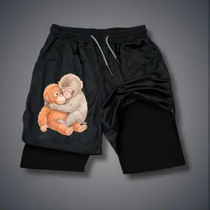 Unisex “Team Punch Monkey” Vintage Baby Monkey Punch Sports Shorts – Double-Layer Athletic Shorts with Elastic Waistband, Comfortable Summer Streetwear - For Loose Fit, Choose One Size Up