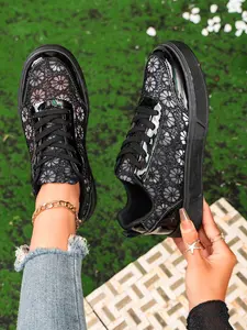Women's Lace Mesh Floral Breathable Board Shoes, Soft Sole Laces Casual Sports Shoes, Comfortable and Stylish Footwear for Everyday Wear