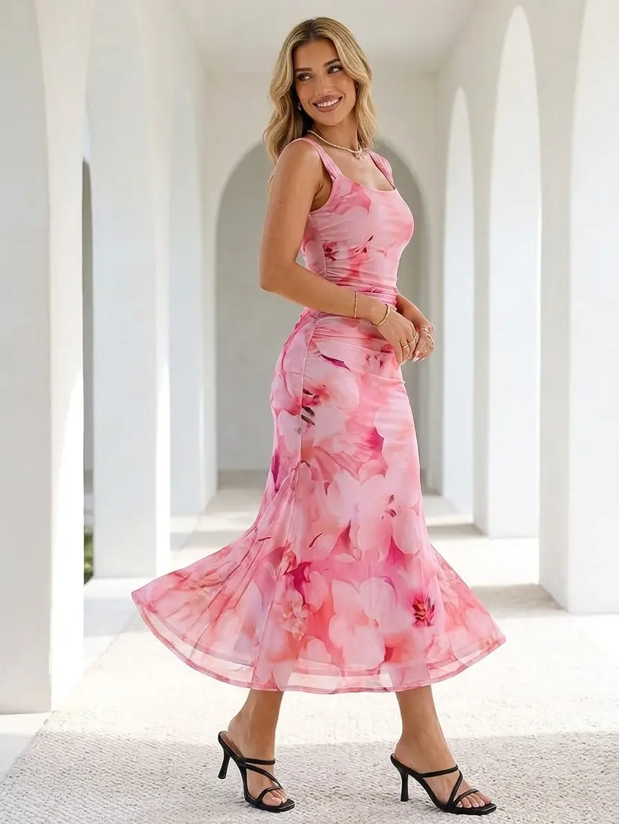 Women's Floral Mesh Tank Sleeveless Ruched Bodycon Maxi Dress - Soft Fabric, Beach-Friendly for Party, Spring Formal Occasions