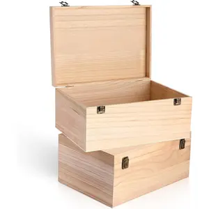 2 count Unfinished Wooden Box 14 x 10 x 6.5 Inch Treasure Chest Craft Box with Hinged Lid Rustic Large  Box Stash Crate for Storage Carving DIY