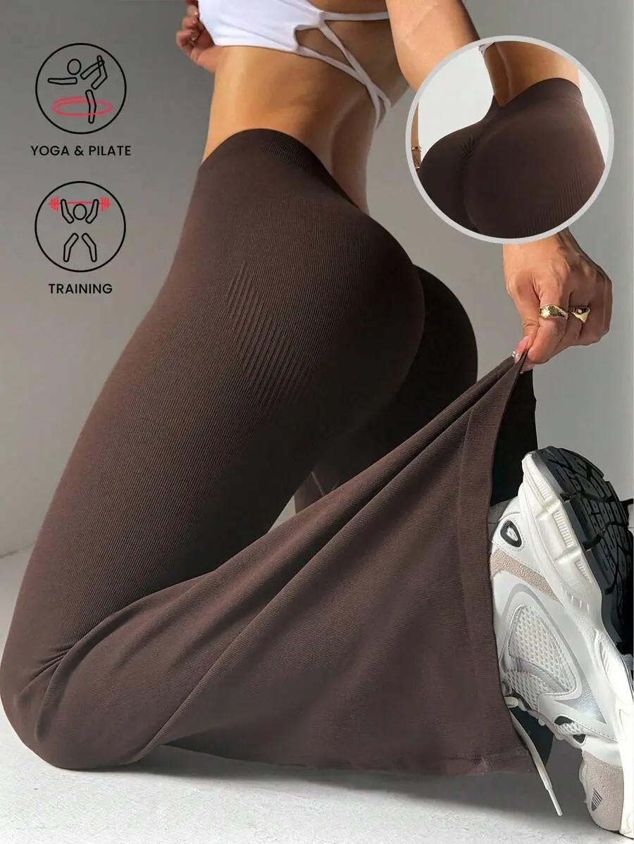 Women's Solid Color Elastic Waist Deep V-Neck Flared Sports Pants Katseye Twilight