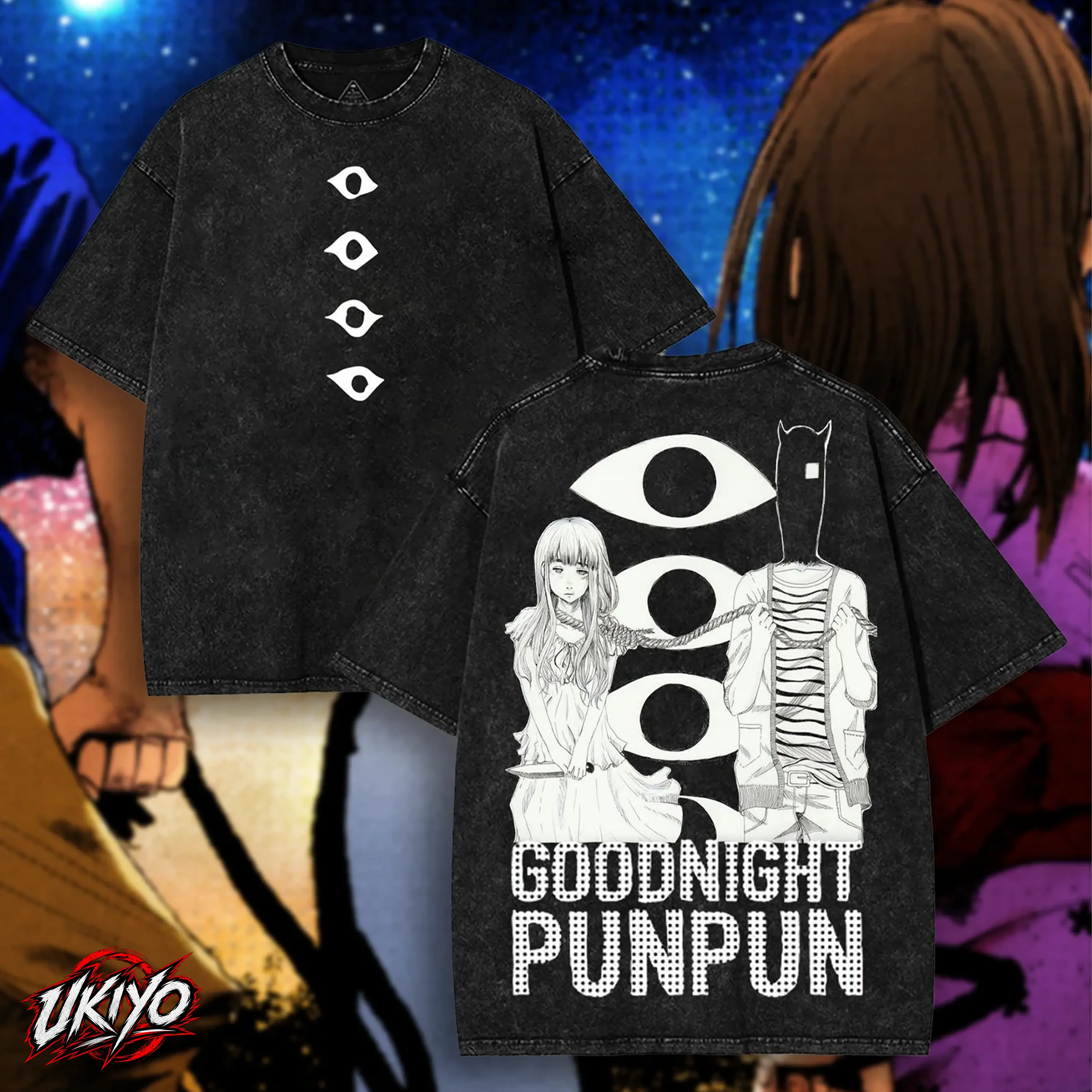 Goodnight Punpun Double Printed Washed T-Shirt | Oyasumi Punpun Vintage Acid Wash Graphic Tee | Oversized Heavyweight Cotton Anime Streetwear