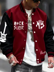 2026 New Men's Sporty Casual Baseball Jacket, Streetwear Outerwear, Geometric Print, Five Colors, Button Closure, All Season, Stretchy, Warm, Ideal for Outdoor Activities