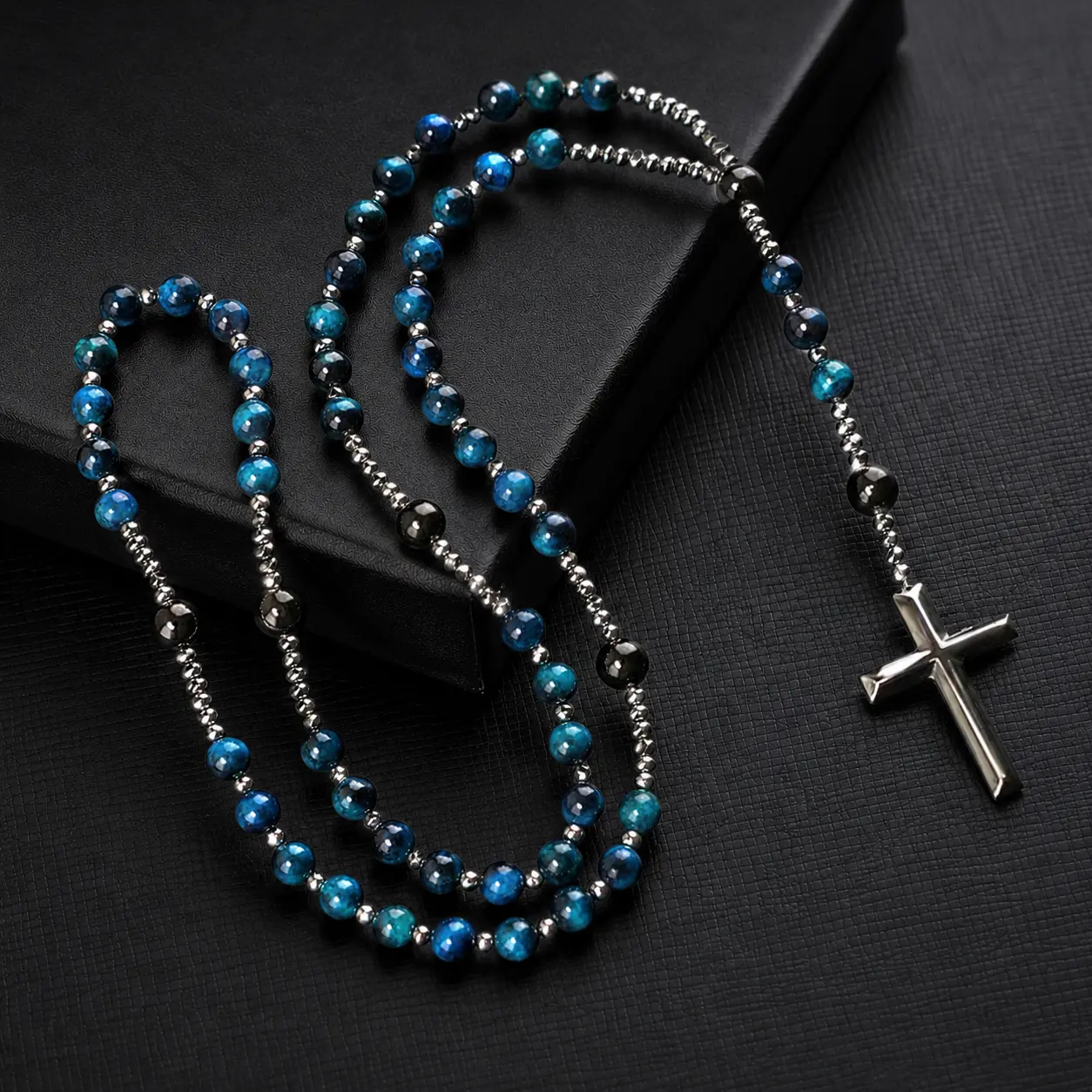 Triple Protection Necklace with Tiger Eye, Obsidian, and Hematite - Stylish Men's Cross Necklace and Women's Y-Shaped Sweater Chain An Anxiety Relief Beaded Necklace.