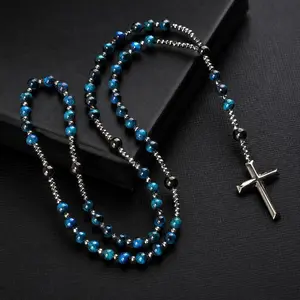Triple Protection Necklace with Tiger Eye, Obsidian, and Hematite - Stylish Men's Cross Necklace and Women's Y-Shaped Sweater Chain An Anxiety Relief Beaded Necklace.