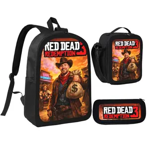 Red Dead Redemption 3 Student Backpack Pencil Case & Lunch Bag Combo Set Ideal Collector's Item for Gaming Enthusiasts Functional & Stylish