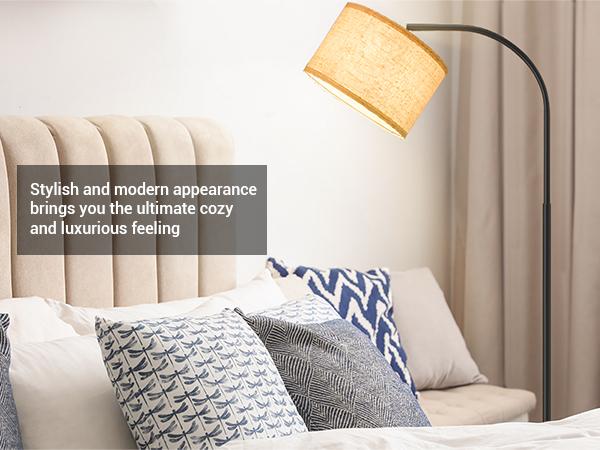 DEWENWILS Arched Floor Lamps with Adjustable Beige Line Lampshade, Standing Tall Arc Lamp for Living Room, Bedroom, Office, Simple Design Farmhouse Style (Black)-HLFL04E