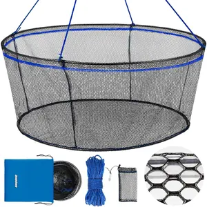 Foldable Fishing Net, Landing Fishing Pier Nets 31"/40" Hoop, Drop Net for Pulling Up Fish with Rope, Portable Bridge Fishing Net for Minnows, Crawfish, Shrimp