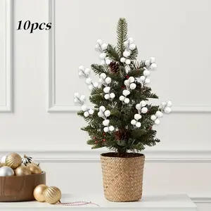 10pcs Artificial Berry Stems - Realistic White Holly Berry Picks with Green Foliage, Durable Plastic Christmas Tree Decorations