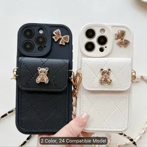 Phone Case - Stylish Cartoon Bear Bow Card Holder Phone Case with a Lanyard, Compatible with for Iphone 17/17 Pro/17 Air/17 Pro Max/16/15/14/13/12/11. This Anti-Fall Protective Cover Is a Trendy And Unique Accessory for Girls