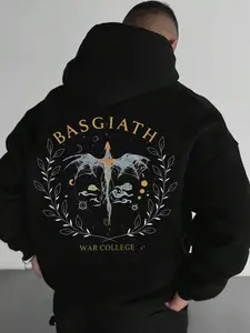 Men's Oversized Black Basgiath War College Hoodie | Fourth Wing Dragon Rider Fantasy Graphic Sweatshirt | Vintage Aesthetic Bookish Pullover | Trendy Streetwear Oversized Hooded Sweatshirt for Winter | Casual Sweatshirt Hoodie