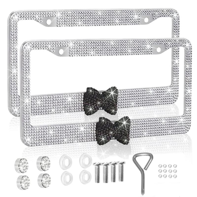 2pcs Sparkling Frames For Women - High-quality Stainless Steel Raine Stone Labels Covered With Handcrafted Crystal Diamonds And Gift Bows, Sparkling Car Parts For Girls Personalized Car Plate