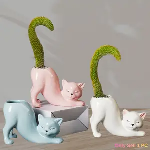 Cute Cat Design Little Ceramics Planter Pot, Tailless Cat Indoor Flower Pot, Succulents and Cacti Plants, Creative Art Decor Pot Suitable for Home, Office, Garden and Gifts, Decorative Flower Pot