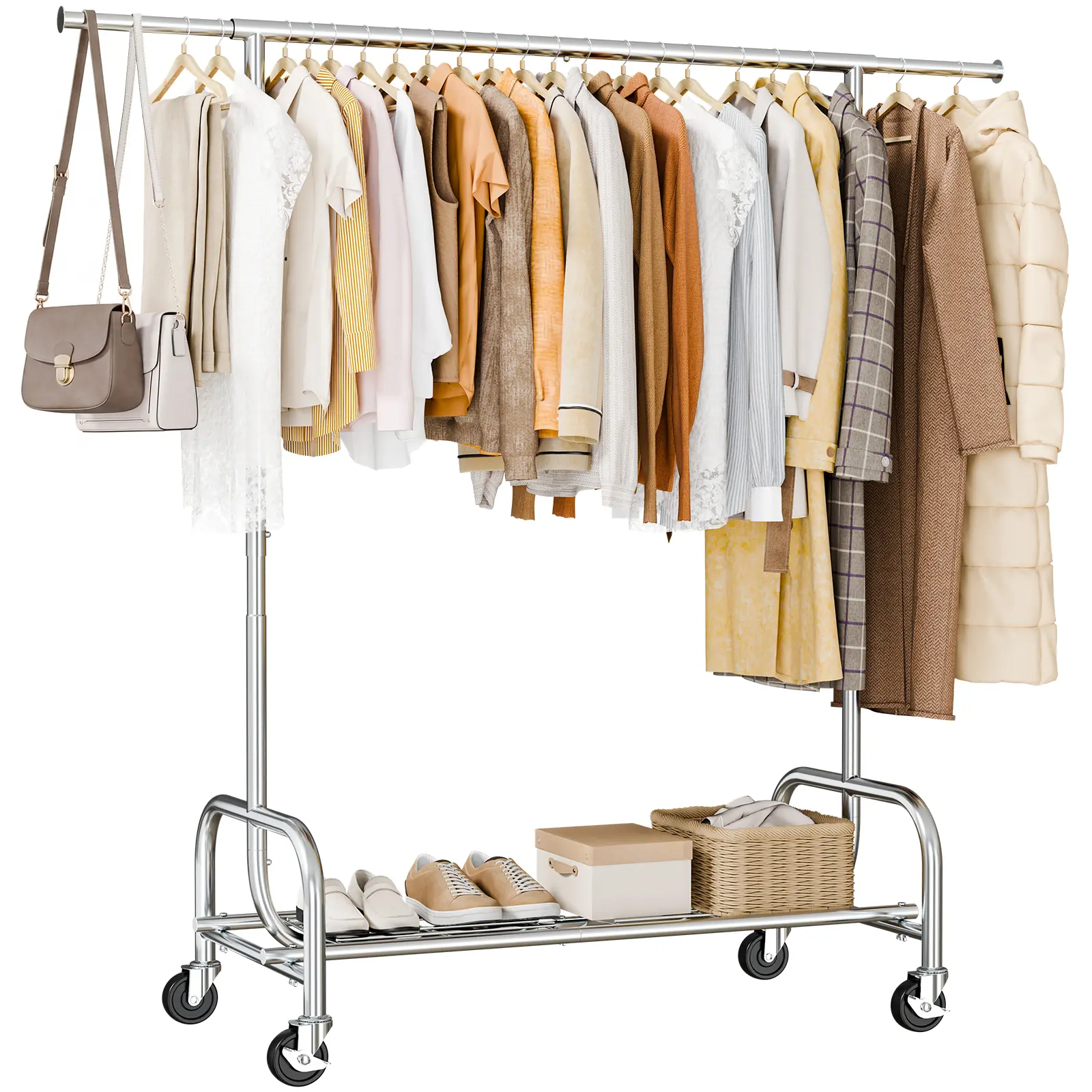 Heavy Duty Metal Frame Modern Floor Mount Garment Rack - Extendable Top Rod, Height-Adjustable Feature, Lockable Rolling Wheels, Large Bottom Mesh Shelf, Freestanding Clothing Organizer for Bedroom, Laundry