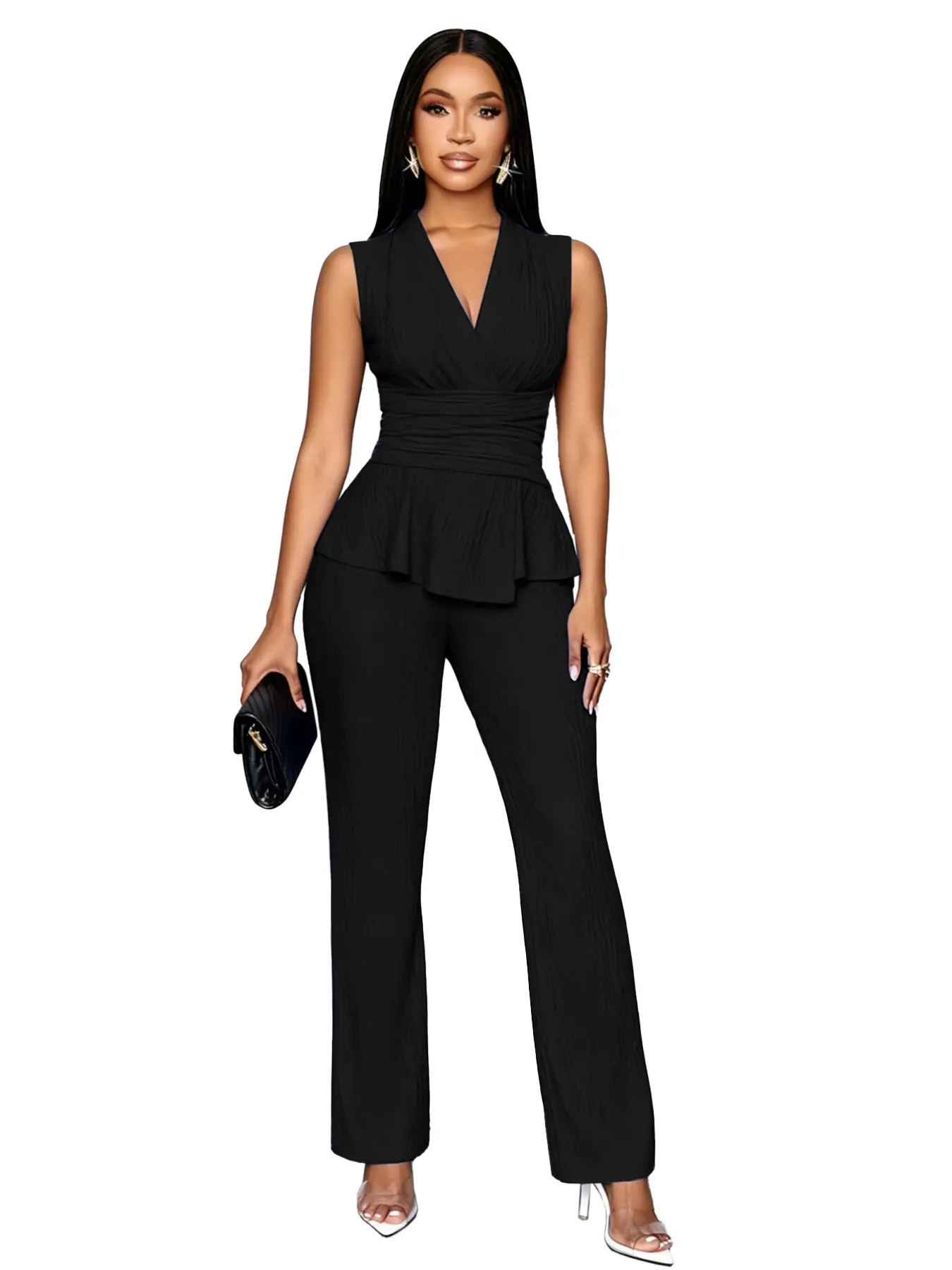 USBOUTIQUE CHIC Women's 2026 Spring Slim Fit Two Piece Set Long Sleeve Top & High Waist Pants Stretchy Outfit with Flared Hem and Adjustable Drawstring