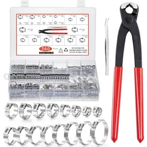 360 count 16 Sizes Single Ear Hose Clamps, 5.3-36.1mm Stainless Steel_304 Crimp Hose Clamps Cinch Rings Assortment Kit for Automotive, Pipe, Plumbing