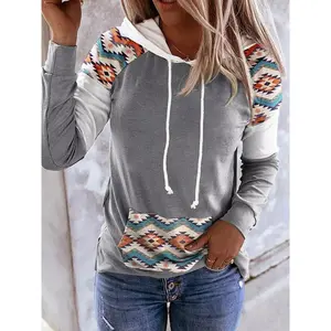 Gray Aztec Kangaroo Pocket Drawstring Hoodie