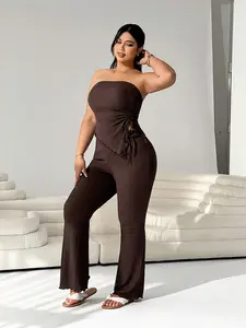 Solflare 2pcs Set: Coffee Color Bandeau Top And Flare Pants,Cowgirl, Plus Size,Spring