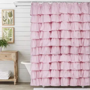 Pink Ruffle Shower Curtain Farmhouse Rustic Fabric Cloth Shower Curtains for Bathroom, 72" x 72"