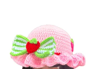 Pink Strawberry Crochet Bucket Hat | Handmade Pink Ruffle Hat (21”)