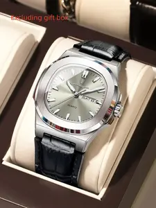 Men's Quartz Watch, Waterproof Design, Date & Day Display, PU Leather Band, Perfect Gift for Him, Sporty Style Timepiece, Casual Analog Watch