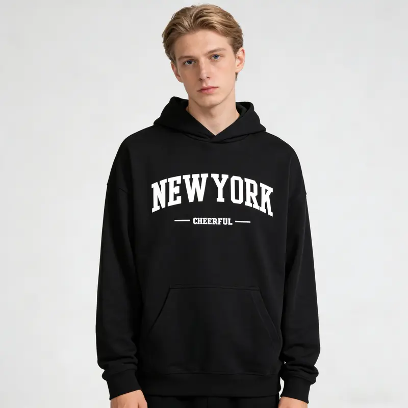 Manfinity Homme Men's Oversized Black NEW YORK Cheerful Hoodie NYC Streetwear 2026 with Drawstring for Adjustable Comfort