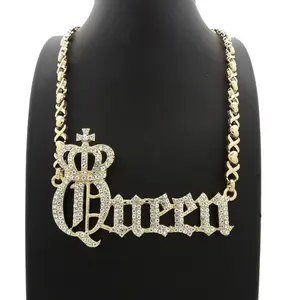 MaxBling81 Women's Gold-Plated Queen Crown Pendant Chain Link Necklace, 12mm 18-in Link Chain, Unisex XO Necklace, Chain Link Necklaces