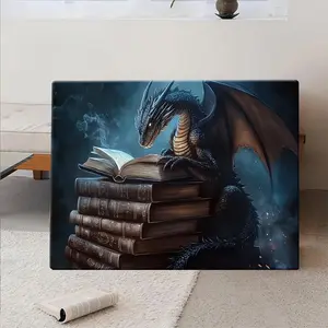2D Flat, 1pc Dragon on Books Wall Art Poster - Wooden Framed Canvas Print, Vintage & Modern Fantasy Decor for Living Room, Bedroom, Home Office - Artistic Layered Landscape with Mystical Ambiance, Bedroom Decoration, Dragon Decor, 2D Flat	