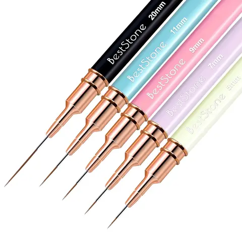 Women's 5Pcs Lightweight Nail Art Liner Brushes Set - Professional Nail Tech Supplies for Home/Salon, Acrylic, French, UV Gel Polish, 5/7/9/11/20mm Lines, Thin Details, Fine Drawing, Smooth Handle, Gift (Multicolor)