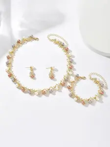 3-Piece Gold Tone Pearl Jewelry Set for Women, Rhinestone Vine Necklace, Matching Drop Earrings and Bracelet for Wedding Bridesmaid Prom Party