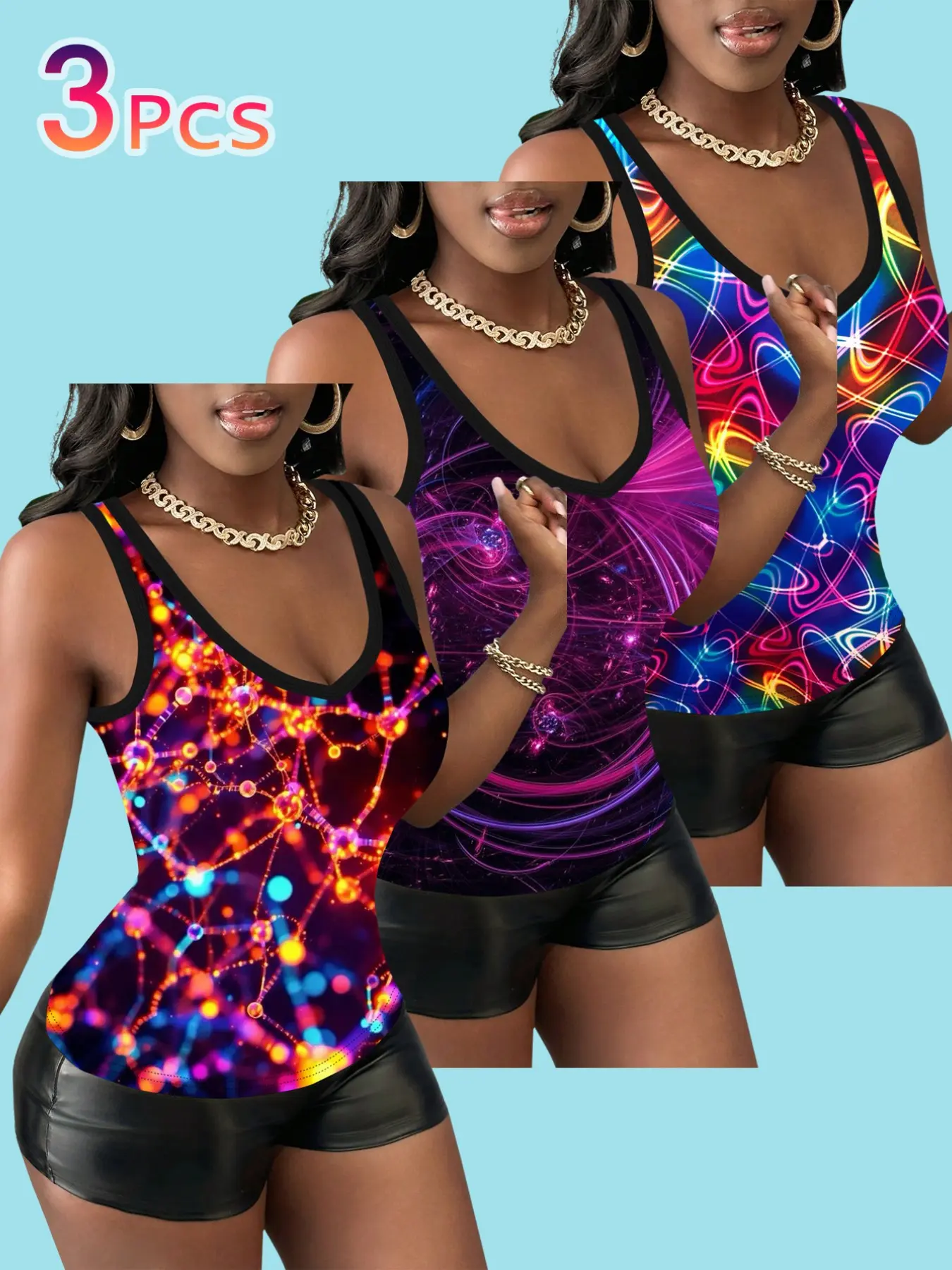 3-Piece Set Fluorescent Neon Short Tank Tops, Psychedelic Edm Print V-Neck, Women's Summer Nightclub Party Sleeveless Dance Tank Top, Elegant Slim-Fit