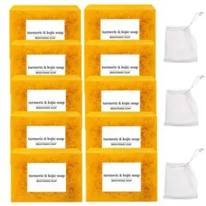 10 Pieces of Turmeric Soap, Turmeric Kojic Soap with 3 Free Bubble Nets, Deep Cleansing for Acne and Blackheads, Lemon Arbutin Soap and Ginger Handmade, Body and Face Wash for Oily Acne-Prone Skin