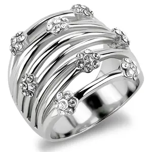 212 MAIN Women's High-Polished Stainless Steel Round Band Ring, Featuring Top-Grade Clear Crystal - Size 8