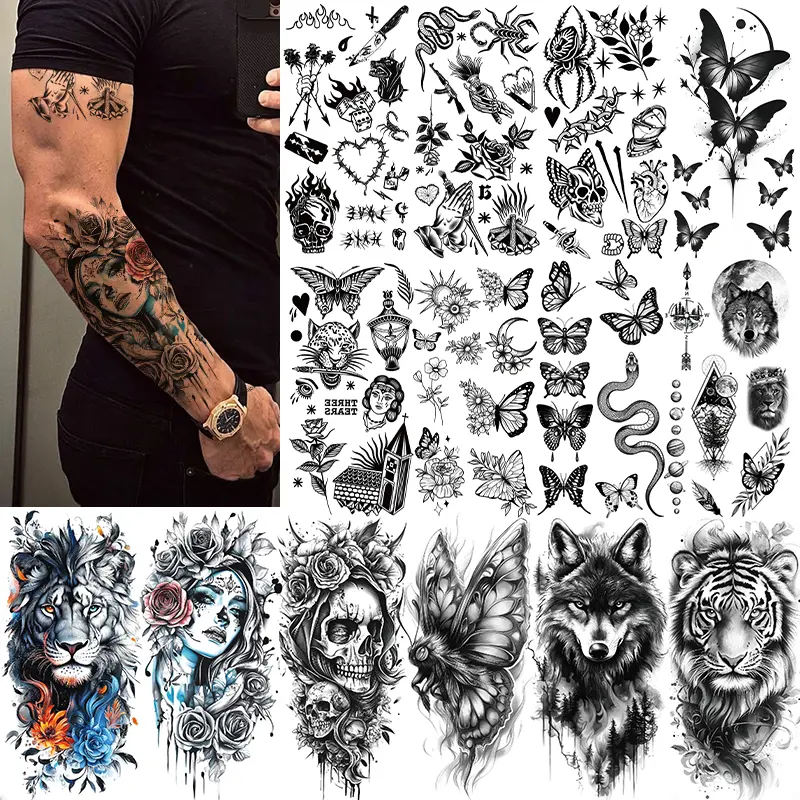 14 Sheets Rose Butterfly Temporary Tattoos For Women Men Arm  Shoulder Legs,Animal Tattoo Sticker, Fake Long Lasting Tattoo Colorful Floral Butterfly Snake Lion Wolf Tiger
