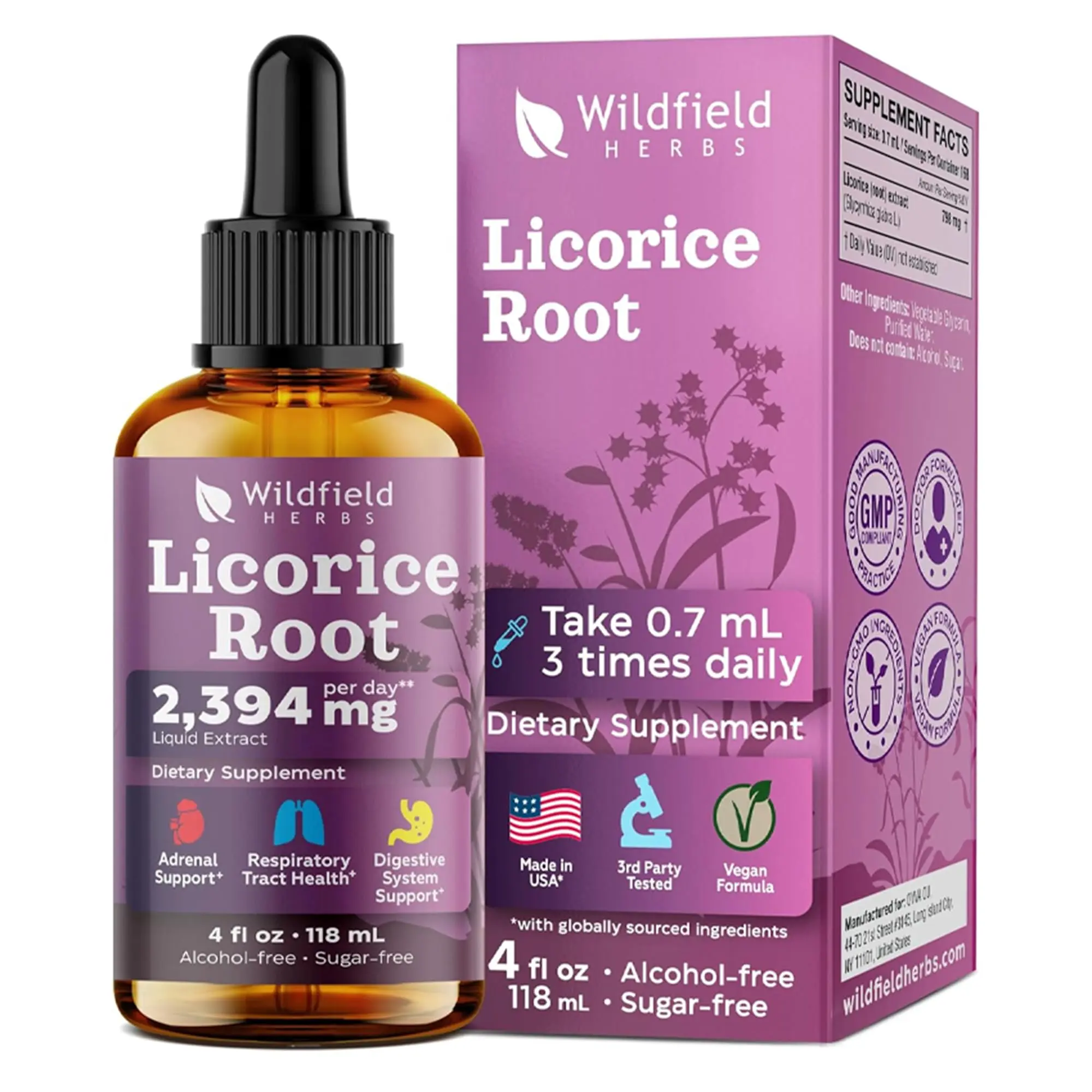WILDFIELD HERBS 4 oz Licorice Root Extract Liquid Drops 2000mg (Glycyrrhiza glabra L.) Herbal Supplement, 160 Servings, Alcohol-Free Tincture