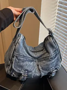 Fashionable solid color women's crossbody bag, simple classic retro style denim bag, trendy large capacity women's bag, suitable for daily use such as commuting, shopping, dating, parties, and going out.