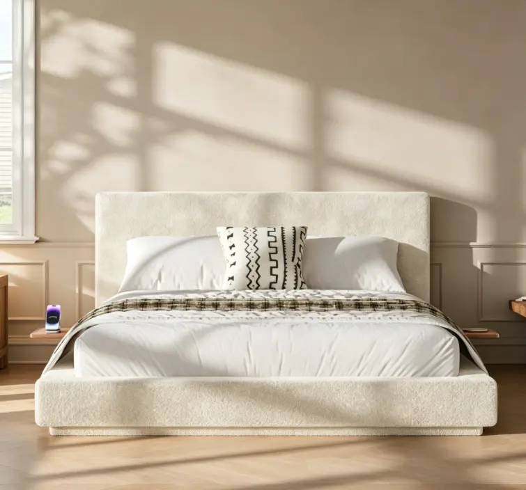 AirFrame Queen Size Floating Bed Frame - 8.7'' Cloud Upholstered Sponge Cushion, Adjustable Sliding Side Table, Easy Assembly, Off-White Indoor Upholstered Bed Frame
