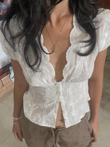 women's plain button front blouse, summer clothes women, elegant short sleeve v neck top for summer, women's clothing for daily wear, summer top