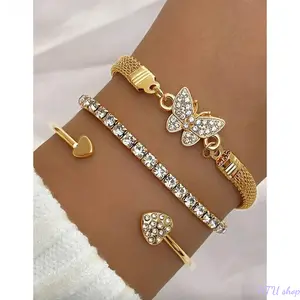 Women's 3-Piece Luxury Rhinestone & Personalized Butterfly Heart Layered Bangles Stack – Minimalist High-End Bracelets Jewelry Accessories, Elegant Gift for Valentine’s, Birthday, Anniversary