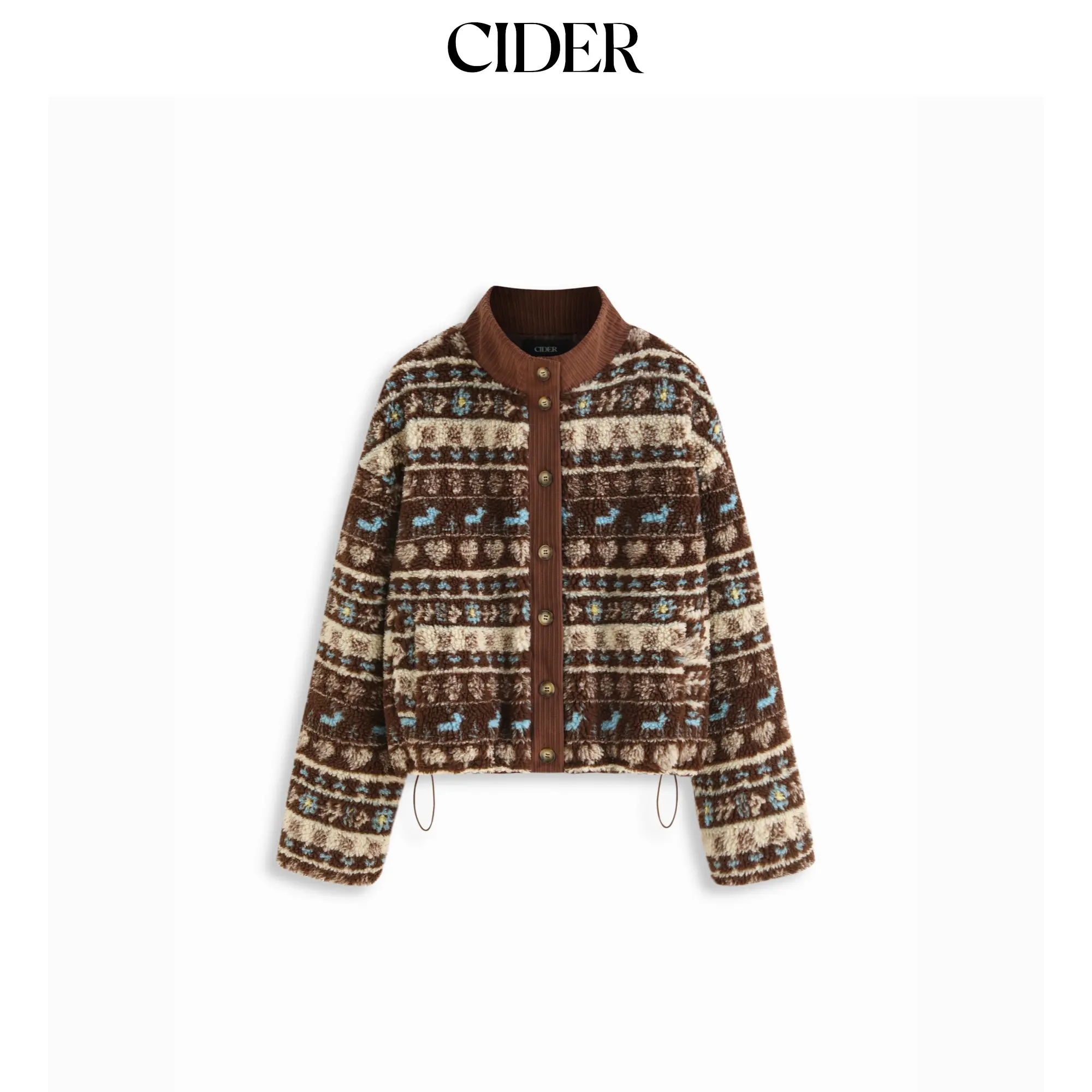 Cider Women's Aztec Print Fleece Jacket, Casual Button-Front Long Sleeve Coat with Stand Collar and Drawstring, Tops, Coats, Tribal, Adjustable Drawstring Women's Fleece Jackets, Fleece Coat