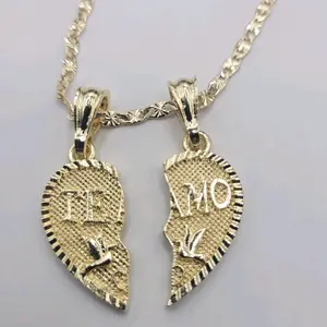 Heart Te Amo Double Necklaces 4mm Chain 24  & 18 Inches Long Laminated-Gold Heart Pendants with Bird Designs Unisex Jewelry