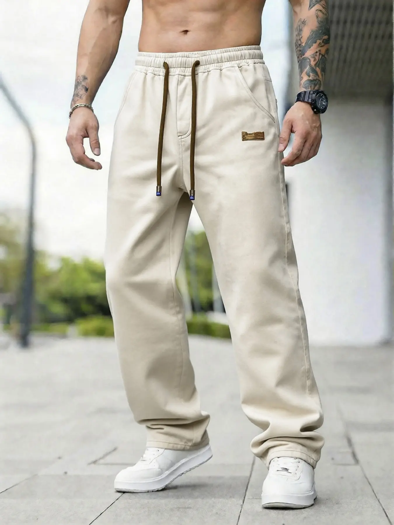 Men's Water-Washed Loose Drawstring Jeans Pants Trouser, Elastic Waist Straight Leg Deisgn, High Street Casual Streetwear Bottom, Suitable for Daily/Street/Sportswear, Four-Season Wear, Ideal Gift for Husbands, Menswear