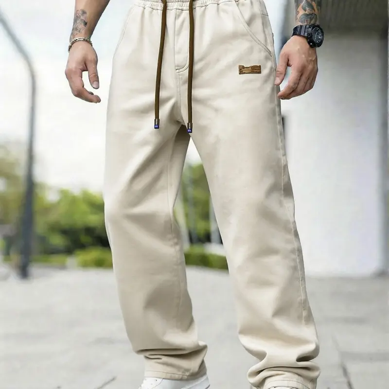 Men's Water Wash Loose Straight Leg Jeans, Men's Drawstring Elastic Waist Straight Leg Jeans, High Street Casual Long Pants. Simple and casual style, suitable for daily/street/sportswear coordination, suitable for four-season wear. Ideal gift for husbands