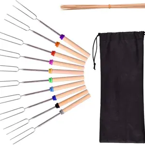 10 pack Marshmallow Roasting Sticks, Roasting Sticks with Wooden Handle 32 Inch Extendable BBQ Forks Telescoping Sticks Telescopic Stainless Steel Skewers for Grilling,Campfire