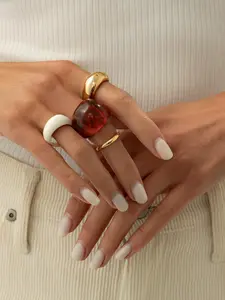 Vintage Fashion Geometric Amber Resin Ring Set, Women's Rings, Daily Wear and Party Decoration, Gift Jewelry Set