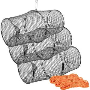 Heavy Duty Steel Mesh Crawfish Trap with 14.5M Orange Rope, Spring Clip Fishing Trap for Crawdads Crayfish, Black, 3 Packs