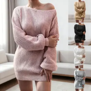 Women's Solid Color Long-Sleeve Knitted Pullover Dress Cozy Fashion Asymmetric Shoulder Sweater Dress Perfect for Everyday Wear