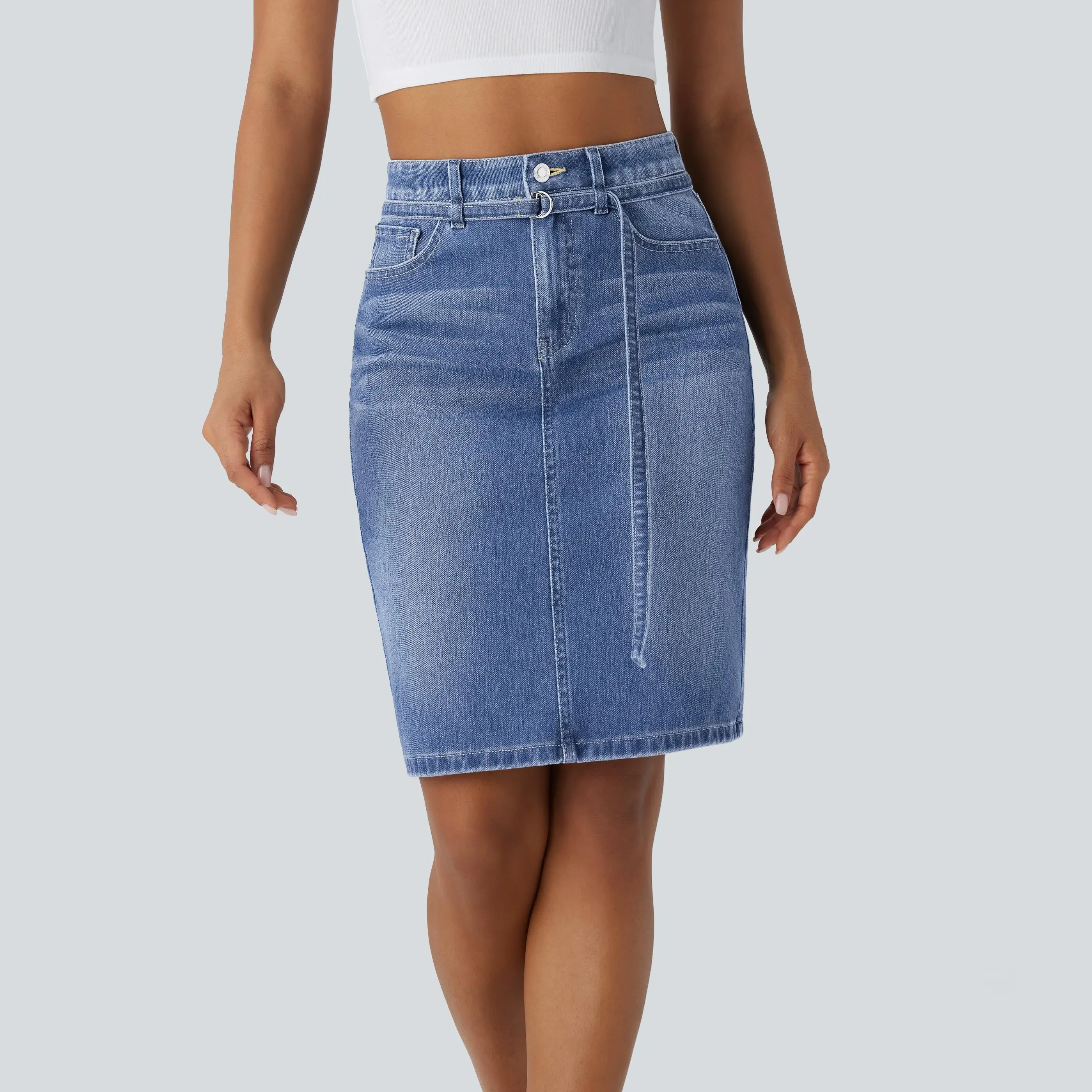 Halara Flex Mid Rise Button Zipper Multiple Pockets Split Washed Stretchy Knit Denim Midi Casual Skirt