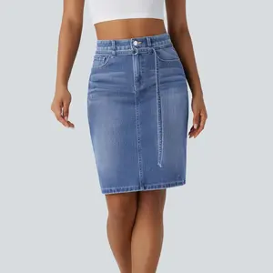 Halara Flex Mid Rise Button Zipper Multiple Pockets Split Washed Stretchy Knit Denim Midi Casual Skirt